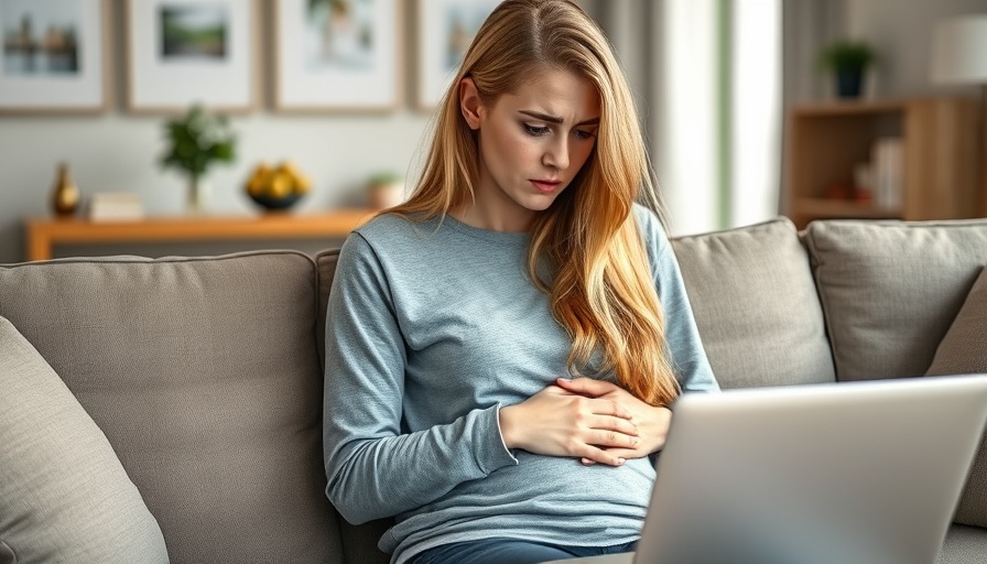 Woman expressing discomfort while looking at laptop, concerned about colon cancer symptoms.