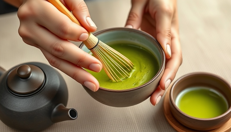 Hands whisking matcha tea with bamboo whisk in ceramic bowl, highlighting health benefits of drinking matcha tea.