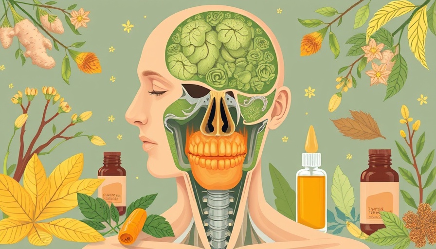 Illustrated herbs for TMJ relief, featuring anatomical head and herbal remedies.