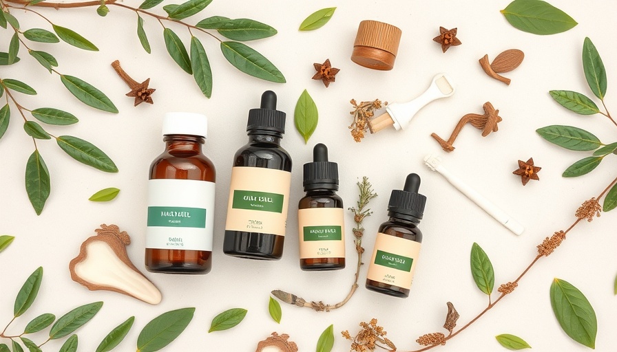 Essential oils and herbs for swollen gums in a flat lay arrangement.