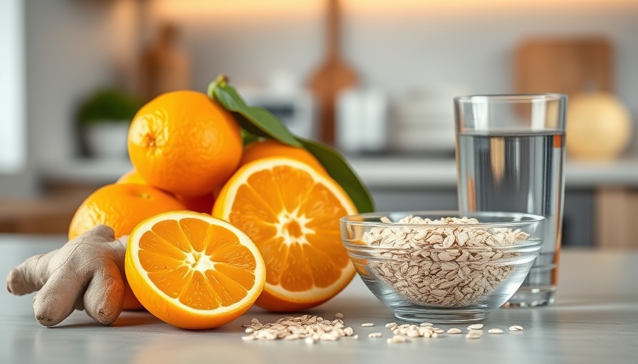 Manage heartburn with lifestyle changes using oranges, ginger, and oats in a kitchen.