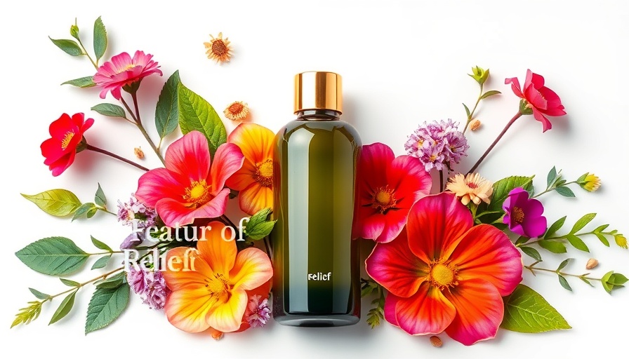 Natural relief products ad featuring vibrant flowers and sleek bottle.