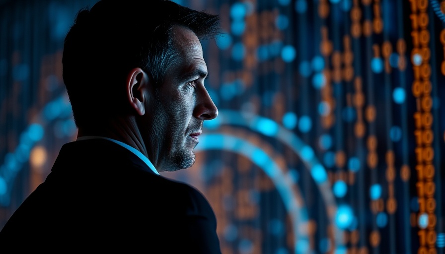Lead with soul in AI-driven world: businessman and AI silhouette.