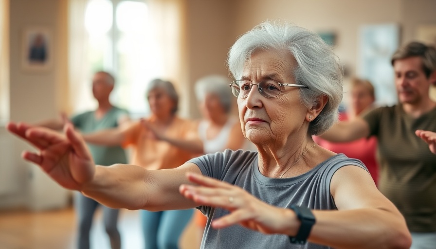 Senior woman engaged in group exercise class highlighting community living benefits.