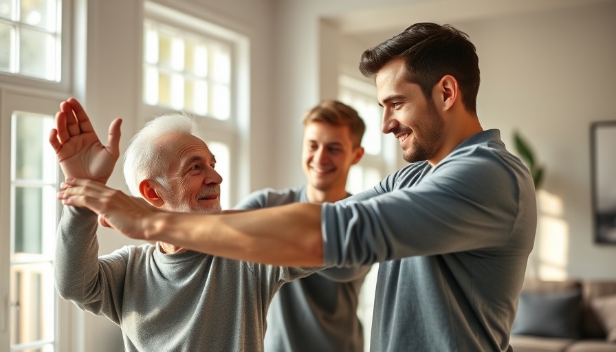 Comprehensive senior care scene with personalized exercise support.