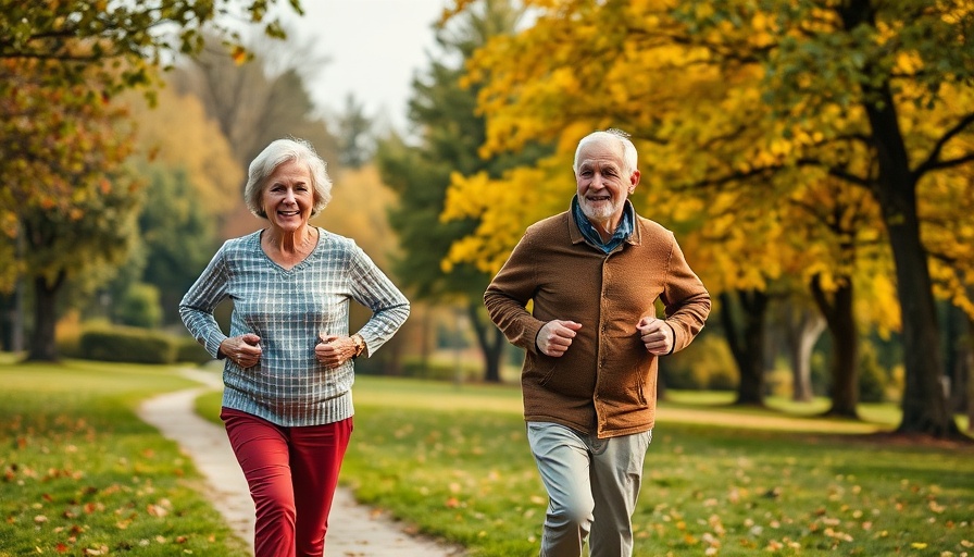 Elderly couple jogging joyfully in a park, showing how mindset shapes aging.