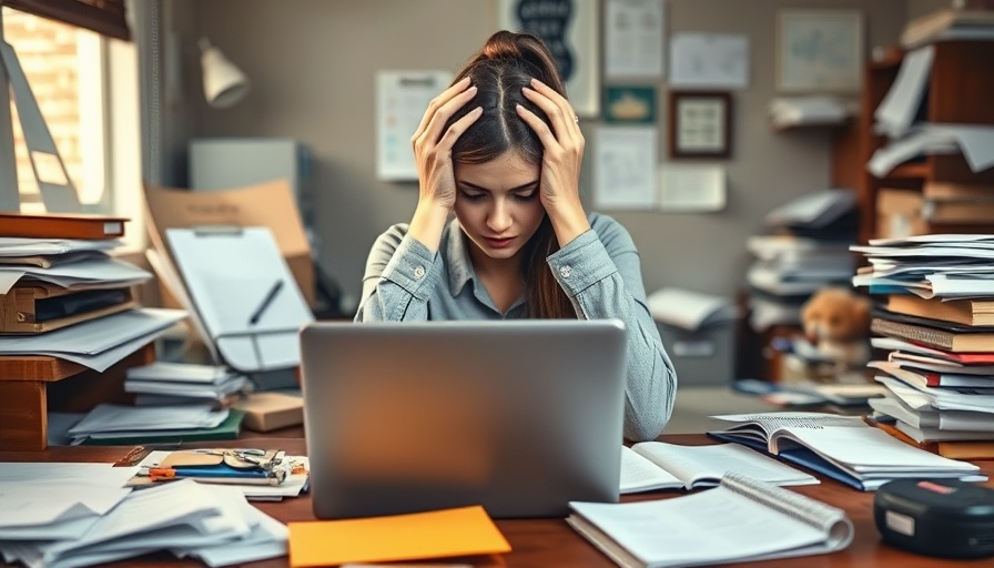 Overwhelmed woman managing anxiety and procrastination at cluttered desk.