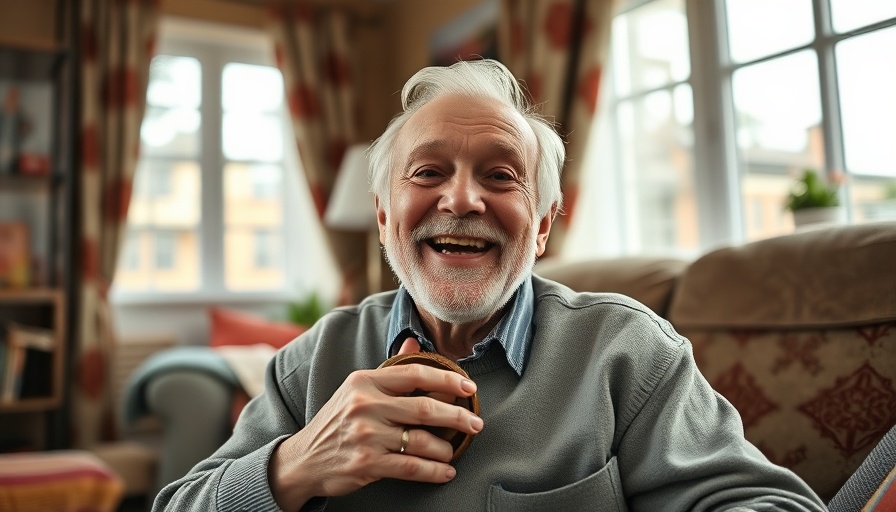 Elderly man enjoying music with a tambourine in a cozy room.