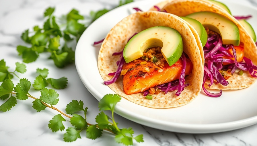Easy chipotle salmon tacos with red cabbage and avocado on a plate.