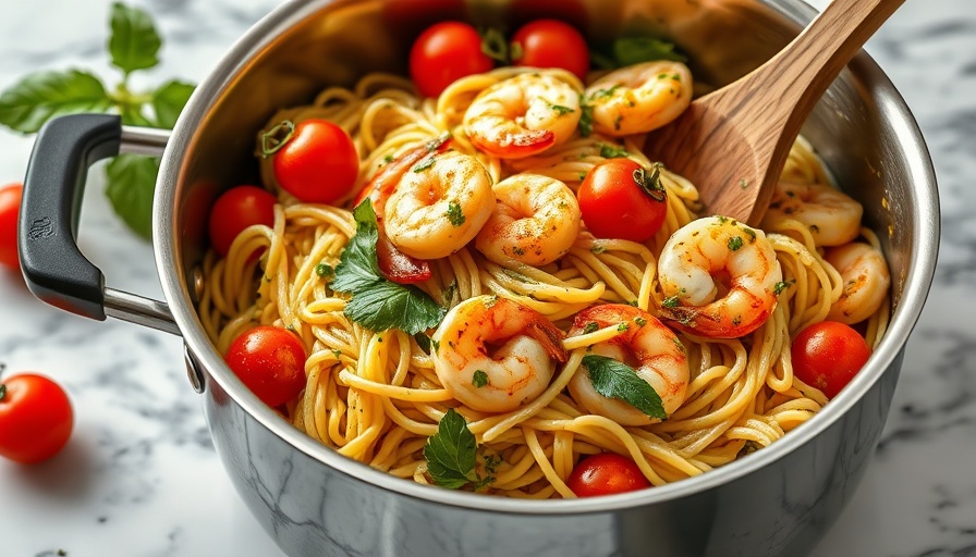 Pesto shrimp orzo with cherry tomatoes in a pot.
