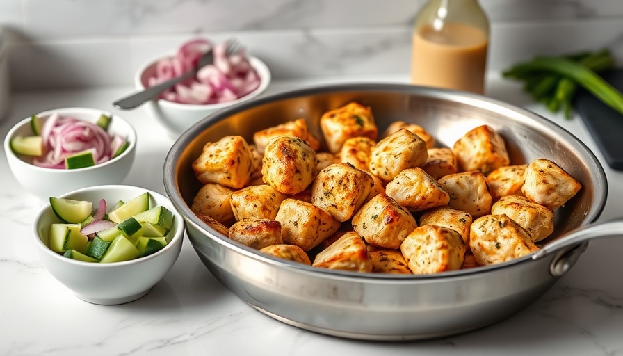 Greek chicken bites in skillet with fresh ingredients.