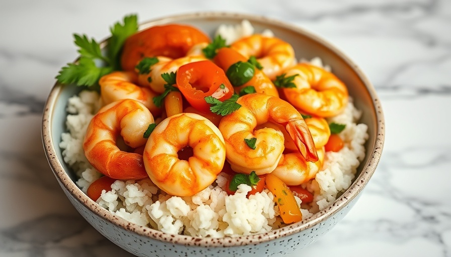 Salsa Verde Shrimp and Rice in a ceramic bowl, appetizing meal.