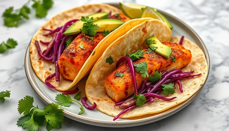 Appetizing chipotle salmon tacos with cabbage and avocado garnish.
