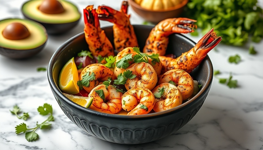 Delicious blackened shrimp bowl with rice, avocado, and more, on marble.