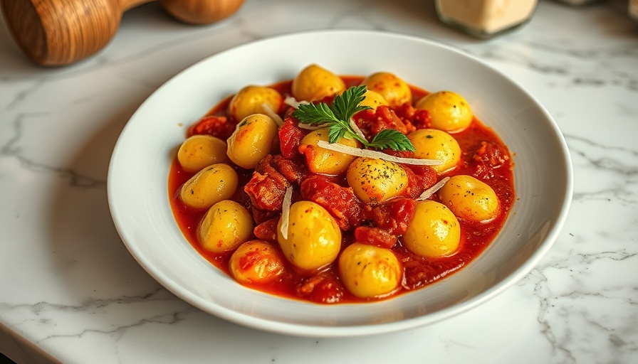 Gnocchi Marinara Quick Recipe in skillet with basil on marble.