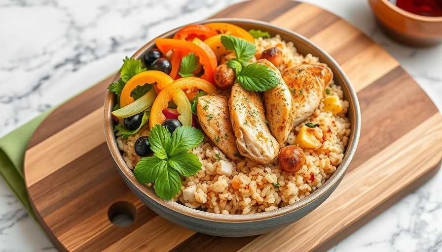 Vibrant Greek Chicken Rice Bowl with fresh ingredients, beautifully arranged.