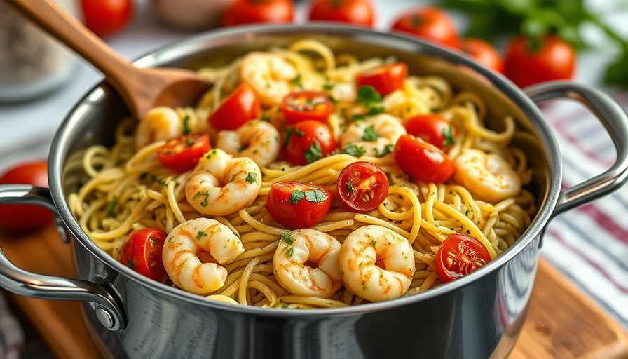 Freshly cooked pesto shrimp orzo with cherry tomatoes in a pot.