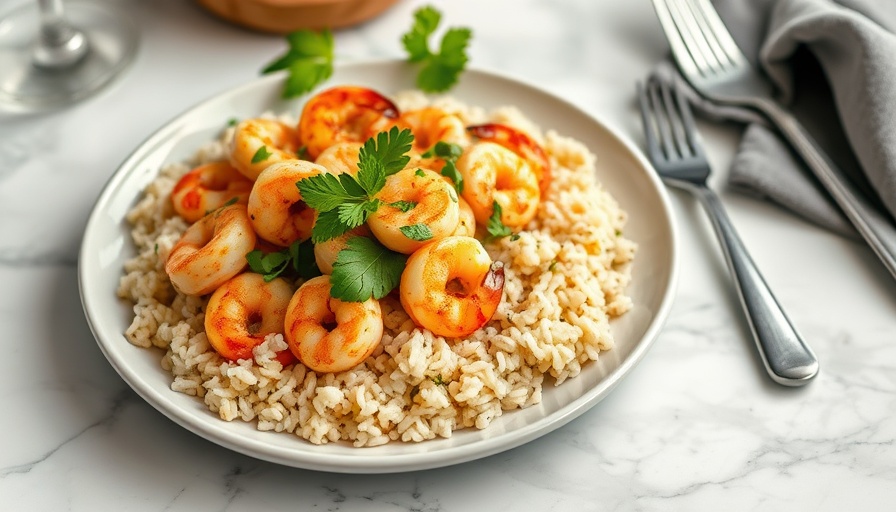 Salsa Verde Shrimp and Rice elegantly plated on marble.
