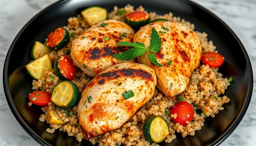 Italian chicken and vegetables with quinoa on a black plate.