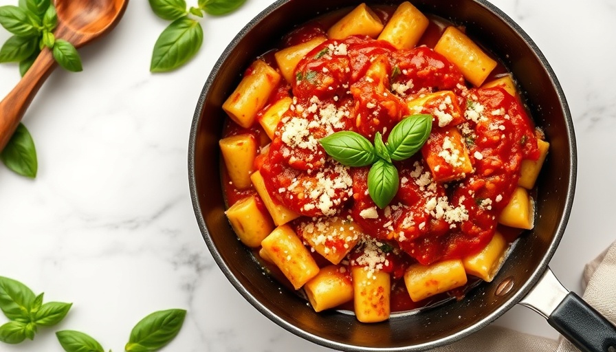 Skillet of gnocchi with marinara sauce topped with parmesan and basil.