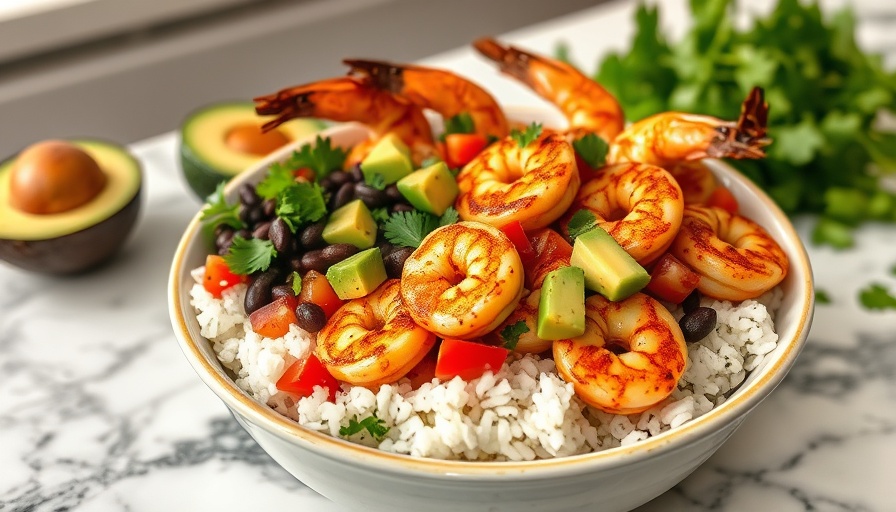 Quick Blackened Shrimp Bowls with fresh ingredients on marble