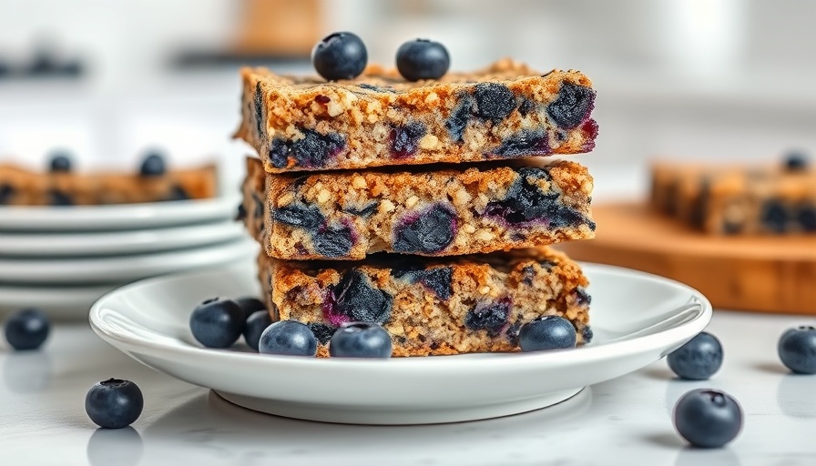 Stack of blueberry quinoa bars on a plate.
