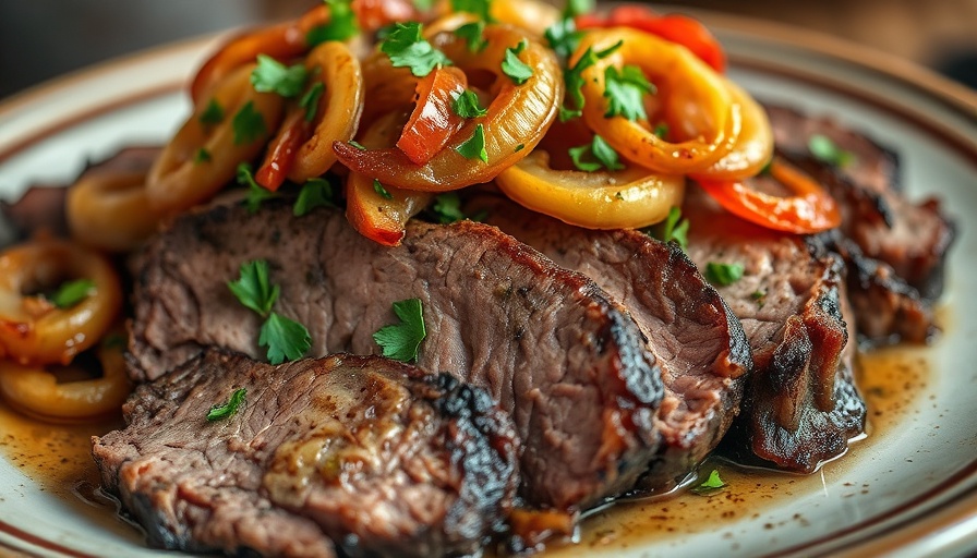 Delicious brisket recipe with garnishes and vegetables.