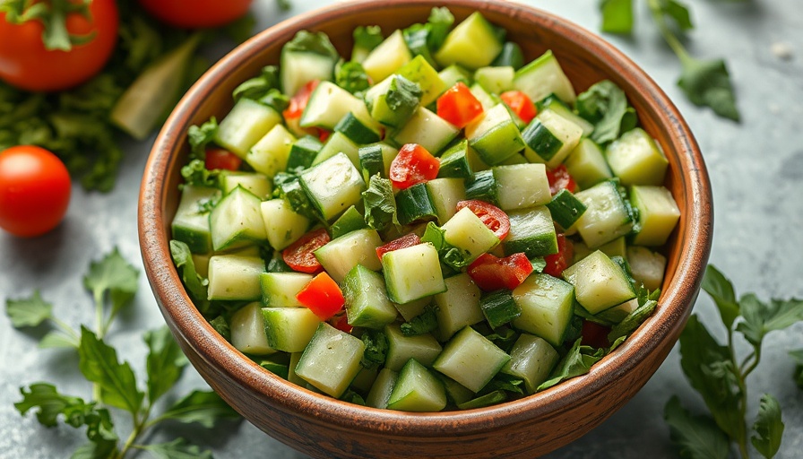Fresh Green Goddess Salad with cucumber and greens in a rustic bowl.