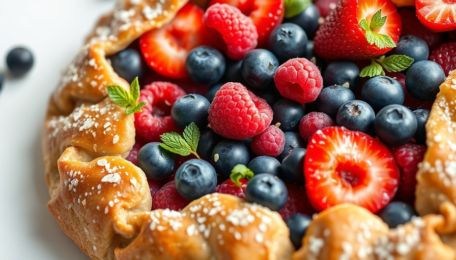 Close-up of a healthy almond flour berry galette with blueberries and raspberries.