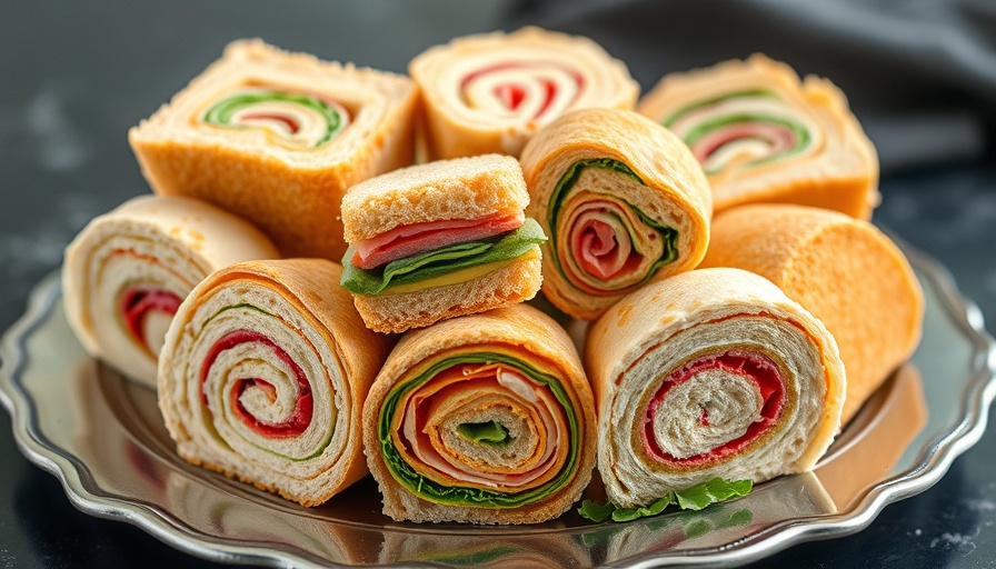 Colorful pinwheel sandwiches on a silver platter.