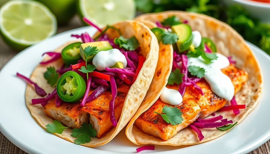 Grilled salmon tacos with colorful toppings, bright plate display