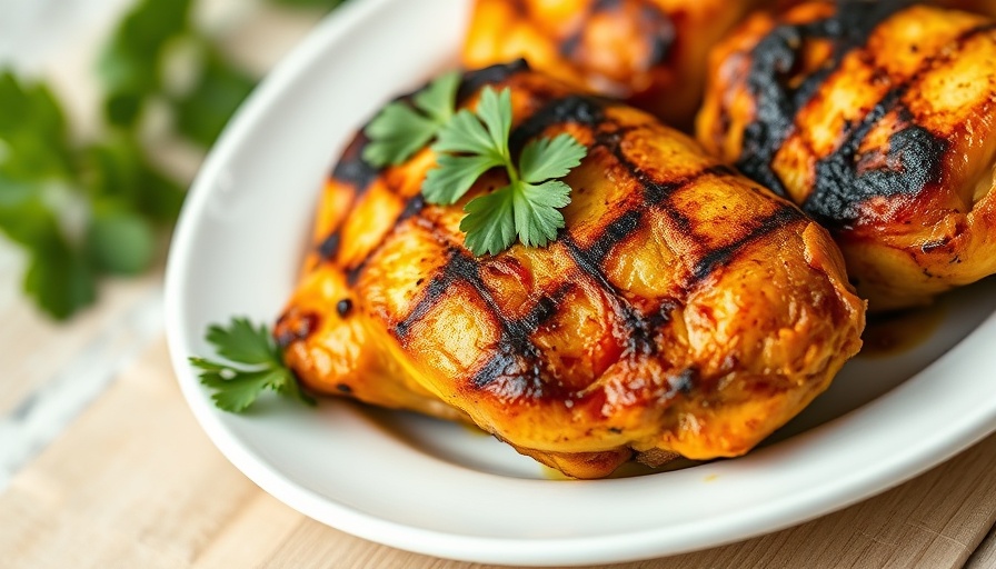 Grilled turmeric chicken thighs with cilantro garnish.