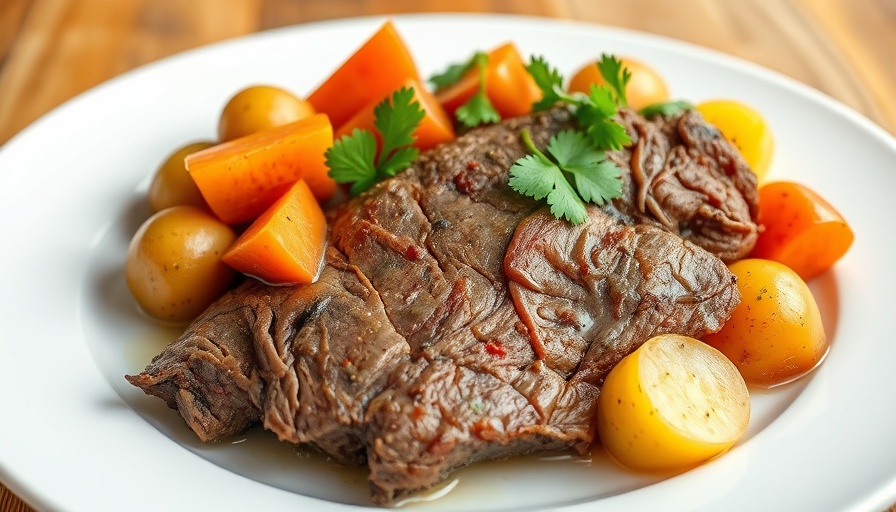Instant Pot pot roast with vegetables on a white plate.