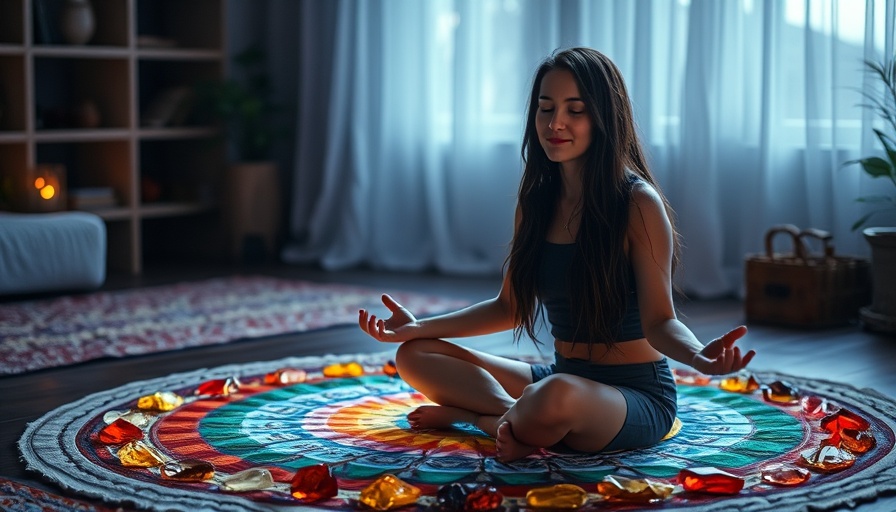 Meditating woman on Healthy Line Rainbow Chakra Gemstone Mat indoors.