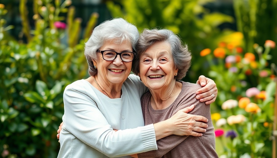 Elderly women embracing joyfully in a garden, highlighting companionship.