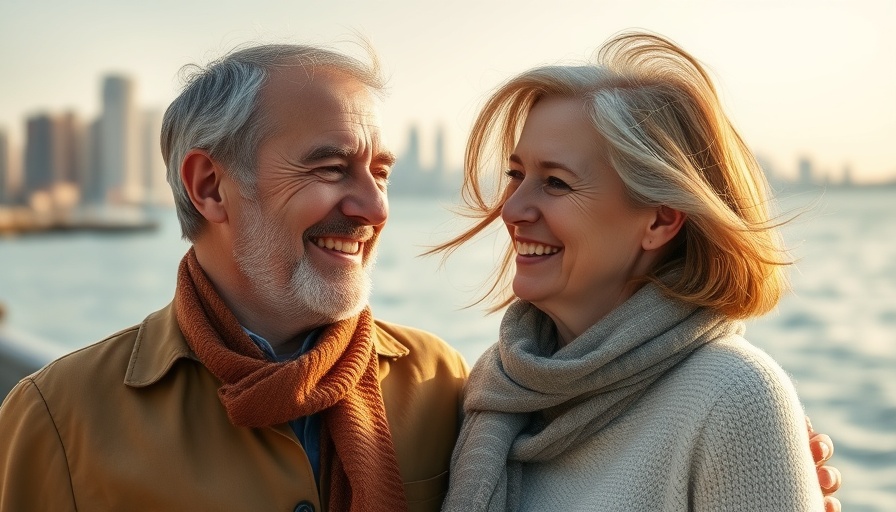 Middle-aged couple smiling at each other by the seaside, embodying compassionate communication in dementia care.