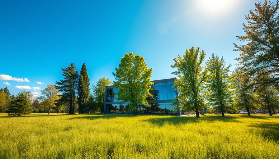 Modern building with glass facade in lush green setting, Friendship Line for Seniors.
