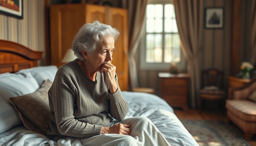 Elderly woman contemplating while sitting on bed; returning to care theme.