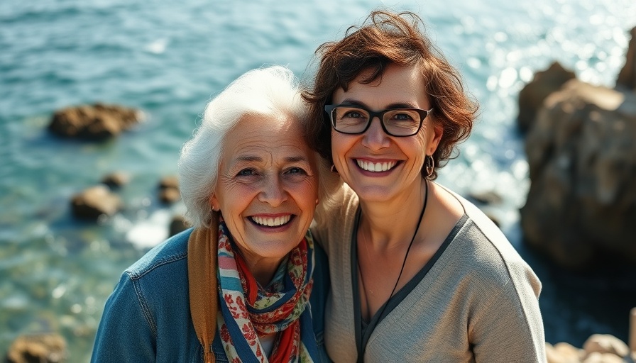 Family values and fostering depicted by two women smiling by the coast.