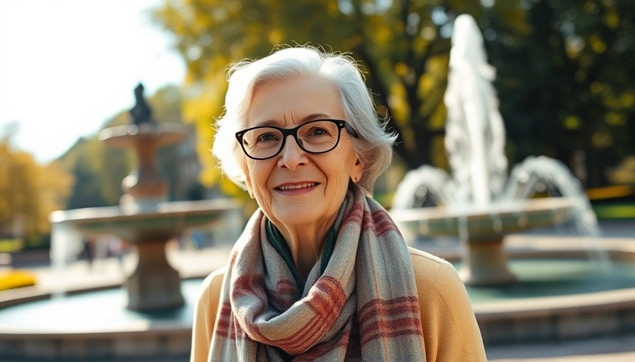 Elderly woman in park, caring about equality, serene atmosphere.