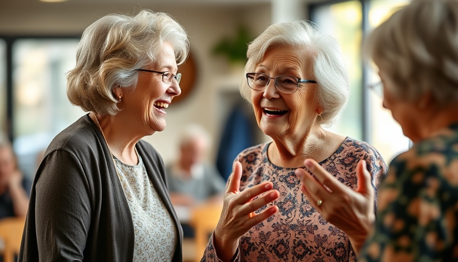 Joyful elderly woman gesturing at Age UK's Silver Sunday event.