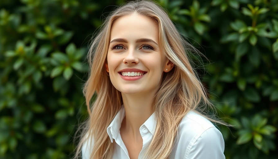 Blonde woman enjoying nature with green foliage, promoting wellbeing.
