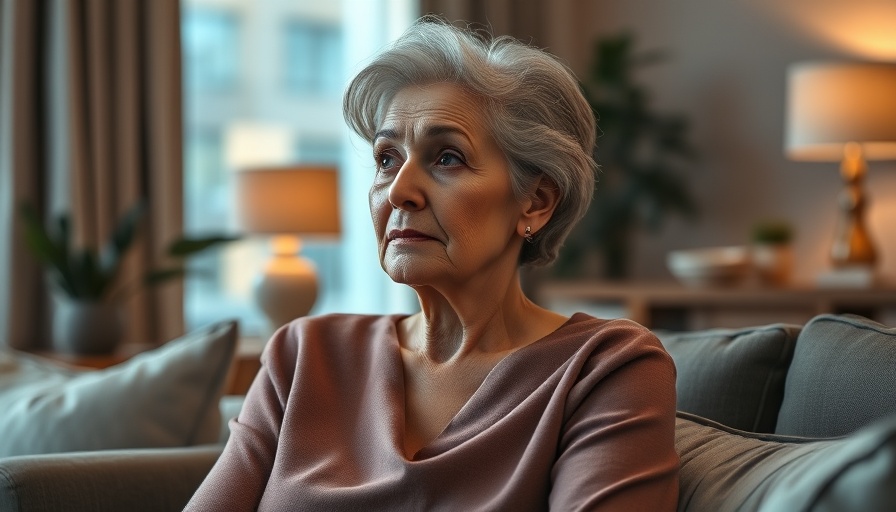 Elegant older woman seated thoughtfully in modern living room, secret of aging well.
