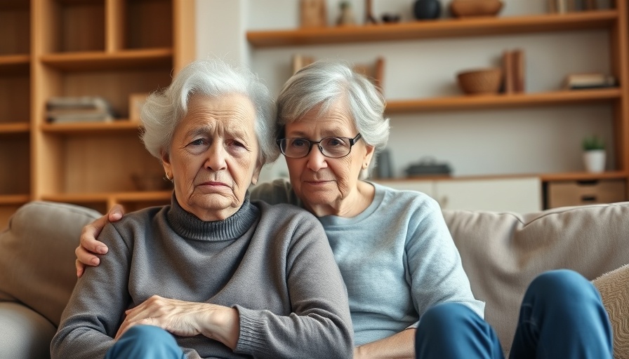 Sundowning in elderly: woman comforted by younger companion on couch.