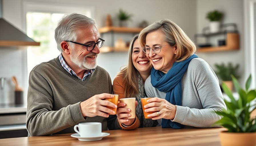 Aging with dignity portrayed by a joyful family in a kitchen setting.
