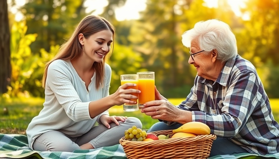 Young woman assists elderly woman with juice at a picnic, showcasing nutritional drinks for elderly adults.