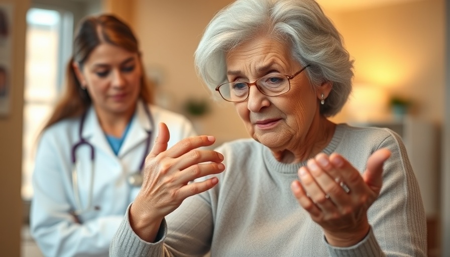 Elderly woman with arthritis pain in hand assisted by nurse.