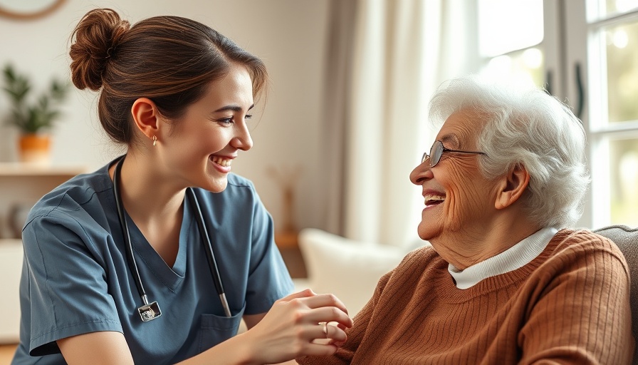 At-home senior care professional assisting elderly woman.