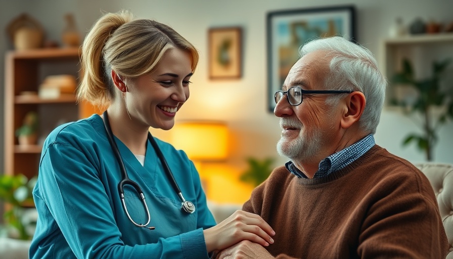 Caregiver assisting elderly man at home, depicting home health care services.