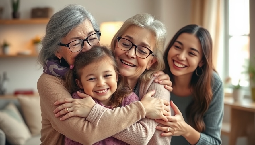 Mother’s Day Celebration: three generations of women smiling and embracing.
